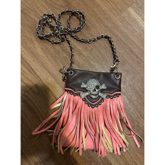 Skull & Bones Handbags - BHW Pink Brown Faux Leather Rhinestone Skull Fringe Crossbody Bag Western Gothic